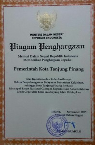 Lagi, Pemko Tanjungpinang Raih Penghargaan