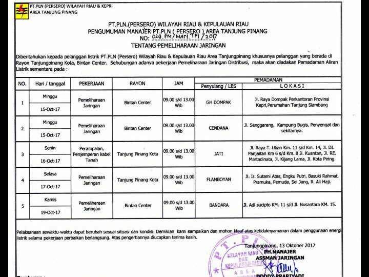 Mulai hari ini PLN Tanjungpinang lakukan pemadaman bergilir