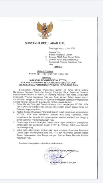 Gubernur Kepri Larang Kepala OPD Rekrut Honorer