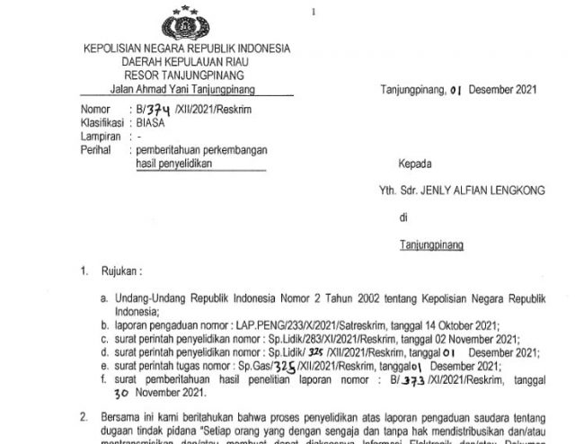 Polres Tanjungpinang Naikkan Status Laporan Jenly Lengkong ke Tingkat Penyelidikan