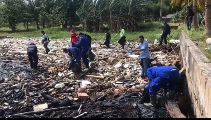Limbah Minyak Hitam yang Mencemari Pantai Dibersihkan dengan Alat Seadanya