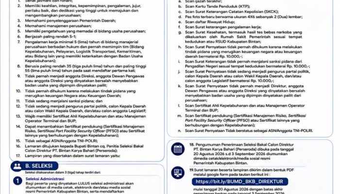 Seleksi Komisaris dan Direktur BUMD Bintan Karya Bahari Diperpanjang, Pendaftaran Dibuka hingga 3 September