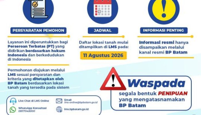 Mulai 11 Agustus, Investor Bisa Ajukan Alokasi Tanah Lewat LMS BP Batam